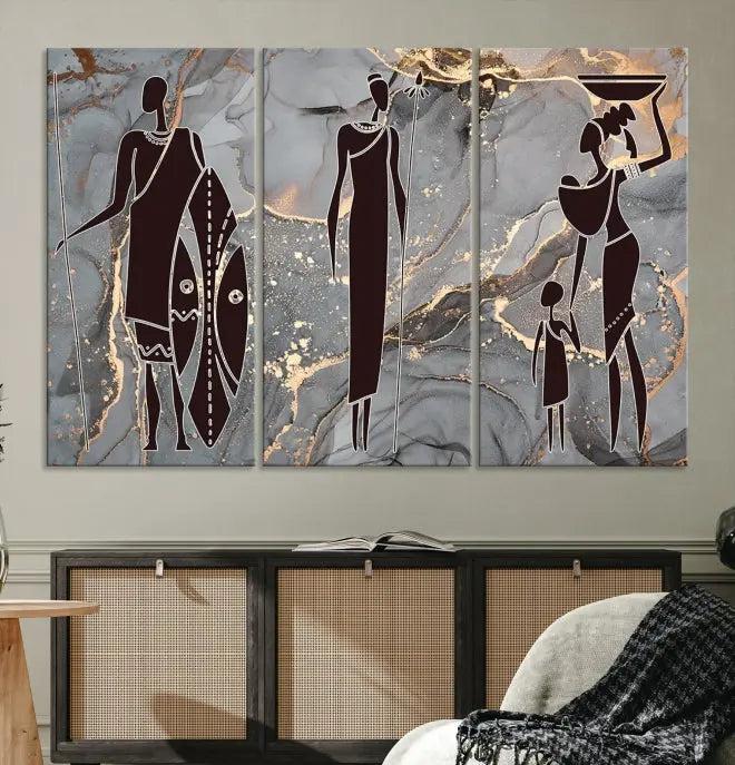 The African Warrior and Women Art Canvas Prints with UV-protective coating hang prominently.