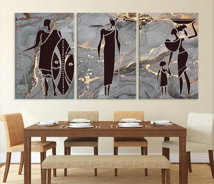 The African Warrior and Women Art Canvas Prints with UV-protective coating hang prominently.