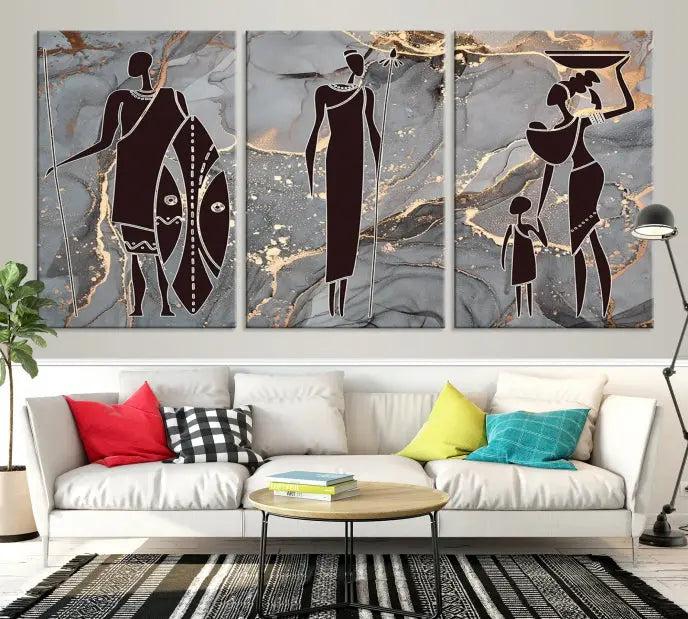 The African Warrior and Women Art Canvas Prints with UV-protective coating hang prominently.