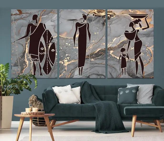 The African Warrior and Women Art Canvas Prints with UV-protective coating hang prominently.