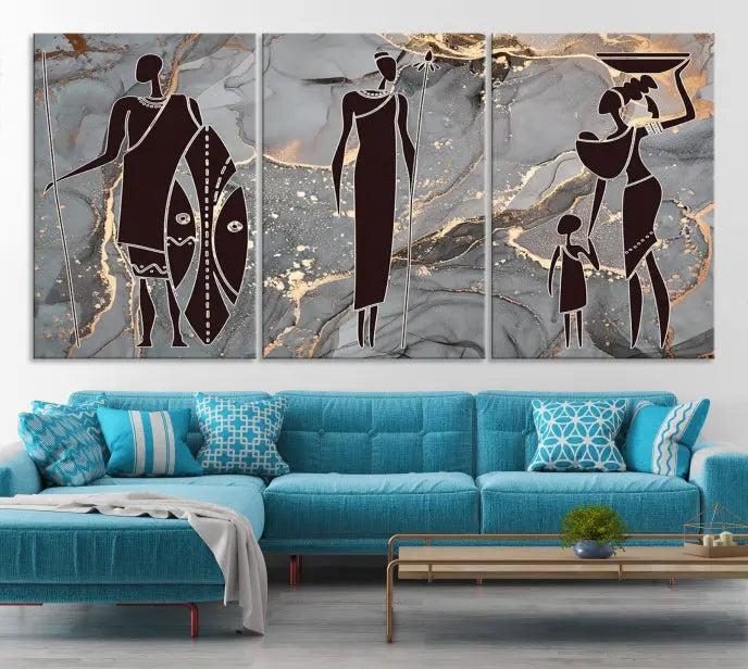 The African Warrior and Women Art Canvas Prints with UV-protective coating hang prominently.