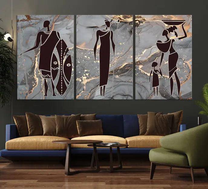 The African Warrior and Women Art Canvas Prints with UV-protective coating hang prominently.