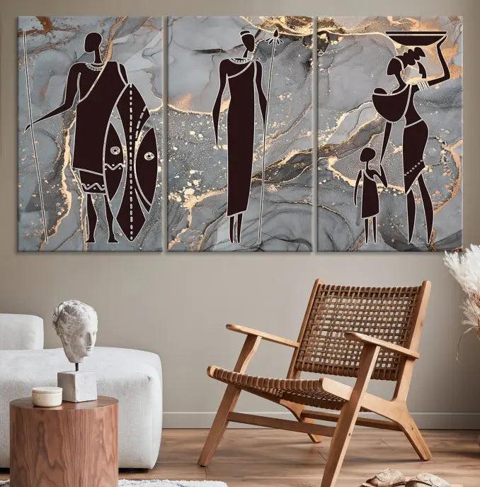 The African Warrior and Women Art Canvas Prints with UV-protective coating hang prominently.