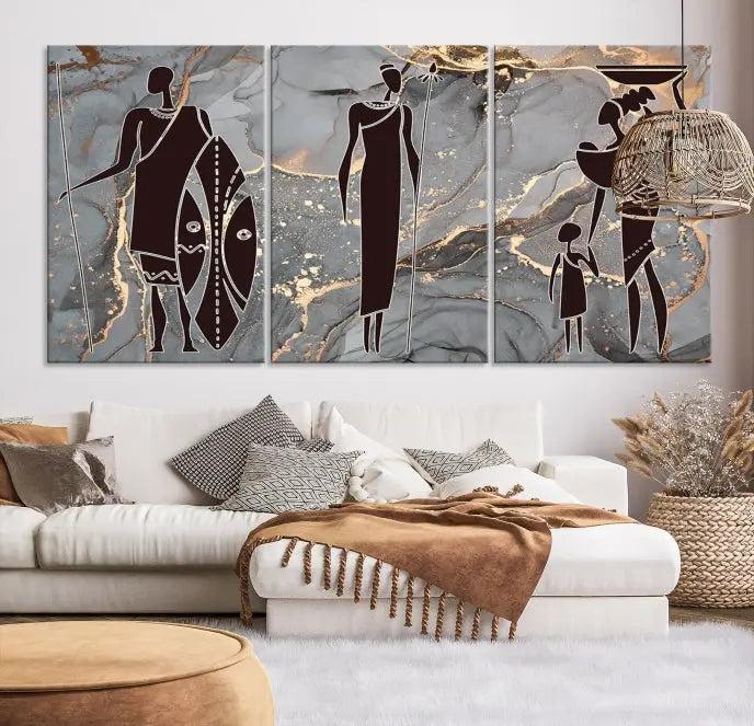 The African Warrior and Women Art Canvas Prints with UV-protective coating hang prominently.