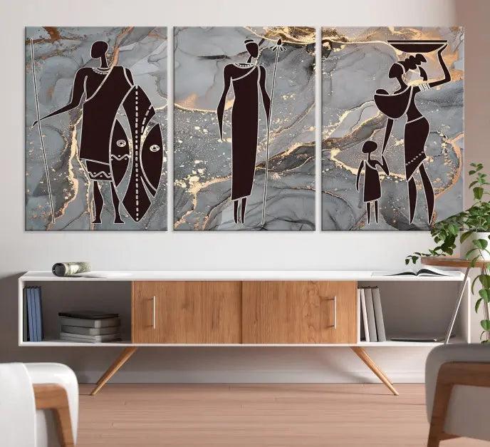 The African Warrior and Women Art Canvas Prints with UV-protective coating hang prominently.