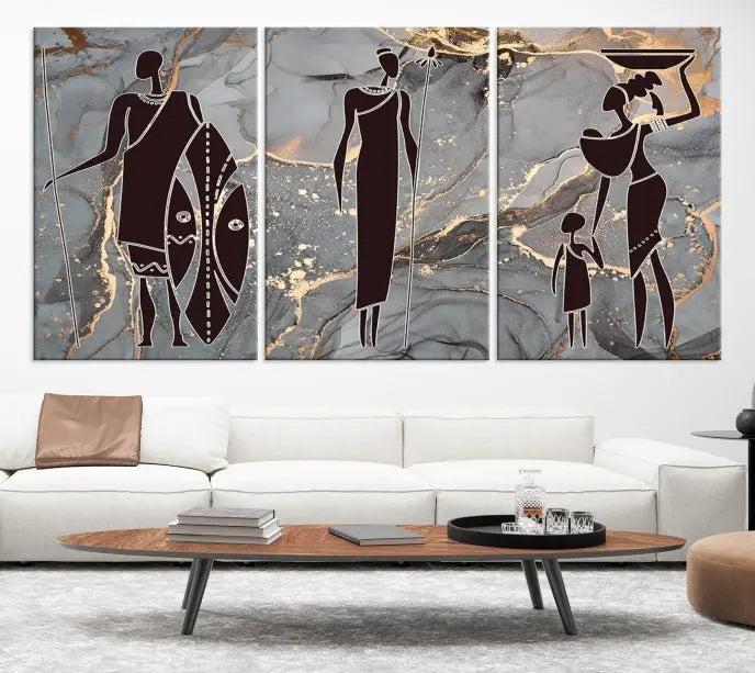 The African Warrior and Women Art Canvas Prints with UV-protective coating hang prominently.