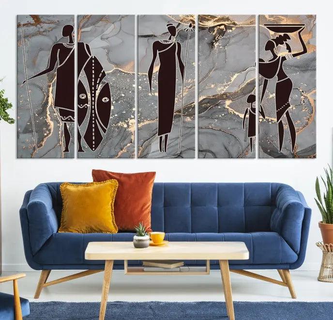 The African Warrior and Women Art Canvas Prints with UV-protective coating hang prominently.