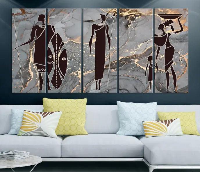 The African Warrior and Women Art Canvas Prints with UV-protective coating hang prominently.