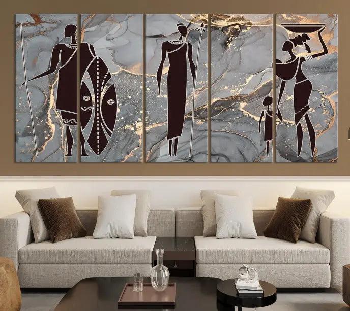 The African Warrior and Women Art Canvas Prints with UV-protective coating hang prominently.