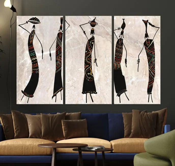 The "African Womens Wall Art Canvas Print," known for its intricate abstract figures, elegantly provides a museum-quality aesthetic.