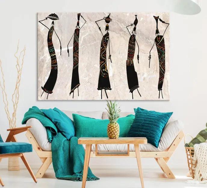 The "African Womens Wall Art Canvas Print," known for its intricate abstract figures, elegantly provides a museum-quality aesthetic.