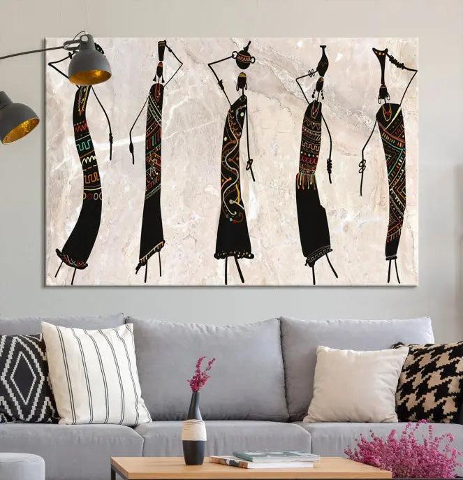 The "African Womens Wall Art Canvas Print," known for its intricate abstract figures, elegantly provides a museum-quality aesthetic.