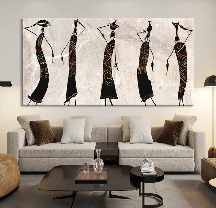 The "African Womens Wall Art Canvas Print," known for its intricate abstract figures, elegantly provides a museum-quality aesthetic.