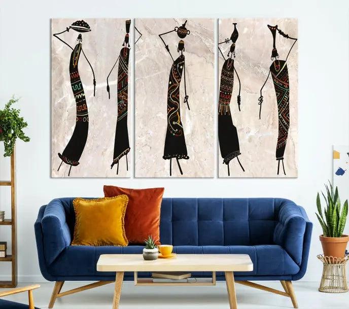 The "African Womens Wall Art Canvas Print," known for its intricate abstract figures, elegantly provides a museum-quality aesthetic.