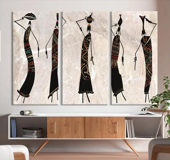 The "African Womens Wall Art Canvas Print," known for its intricate abstract figures, elegantly provides a museum-quality aesthetic.