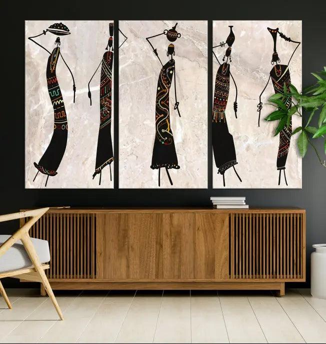 The "African Womens Wall Art Canvas Print," known for its intricate abstract figures, elegantly provides a museum-quality aesthetic.