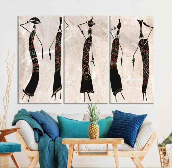 The "African Womens Wall Art Canvas Print," known for its intricate abstract figures, elegantly provides a museum-quality aesthetic.