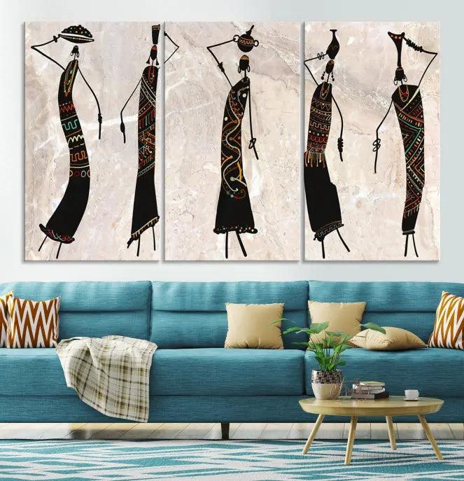 The "African Womens Wall Art Canvas Print," known for its intricate abstract figures, elegantly provides a museum-quality aesthetic.