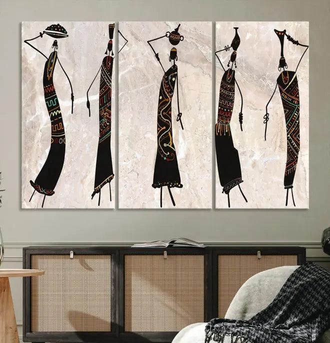 The "African Womens Wall Art Canvas Print," known for its intricate abstract figures, elegantly provides a museum-quality aesthetic.