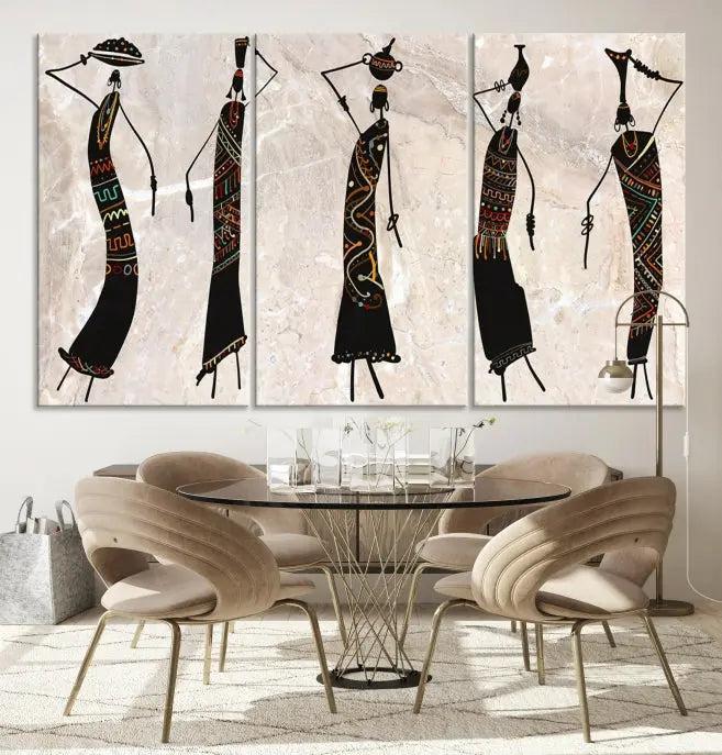 The "African Womens Wall Art Canvas Print," known for its intricate abstract figures, elegantly provides a museum-quality aesthetic.