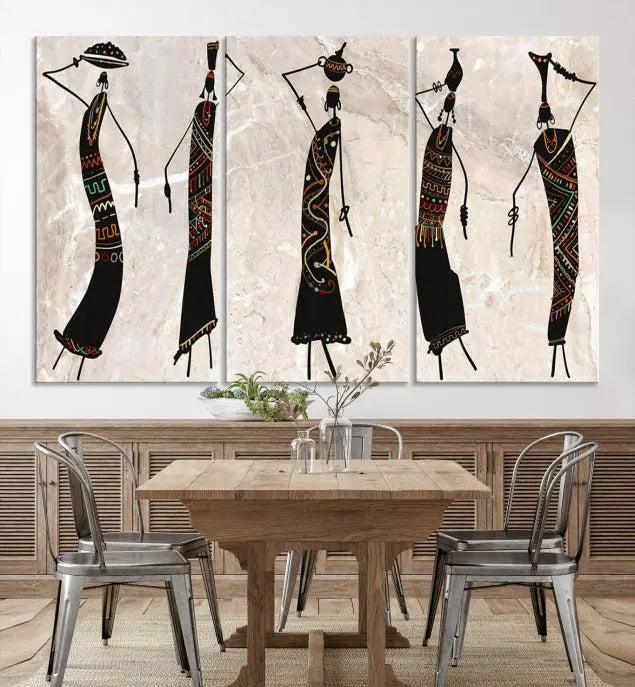 The "African Womens Wall Art Canvas Print," known for its intricate abstract figures, elegantly provides a museum-quality aesthetic.