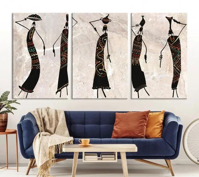 The "African Womens Wall Art Canvas Print," known for its intricate abstract figures, elegantly provides a museum-quality aesthetic.