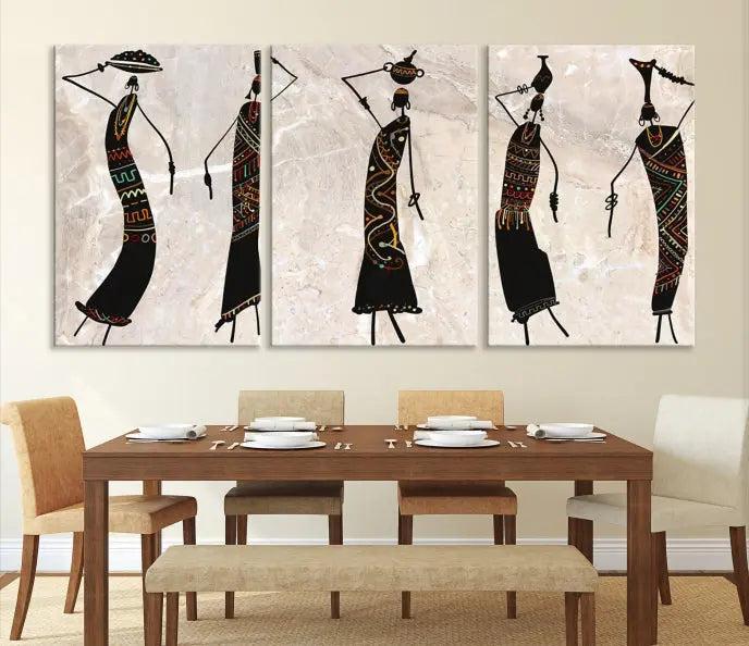 The "African Womens Wall Art Canvas Print," known for its intricate abstract figures, elegantly provides a museum-quality aesthetic.