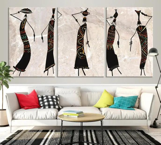 The "African Womens Wall Art Canvas Print," known for its intricate abstract figures, elegantly provides a museum-quality aesthetic.