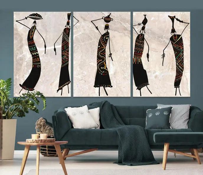 The "African Womens Wall Art Canvas Print," known for its intricate abstract figures, elegantly provides a museum-quality aesthetic.