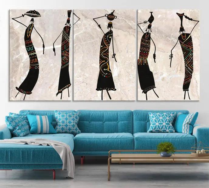 The "African Womens Wall Art Canvas Print," known for its intricate abstract figures, elegantly provides a museum-quality aesthetic.