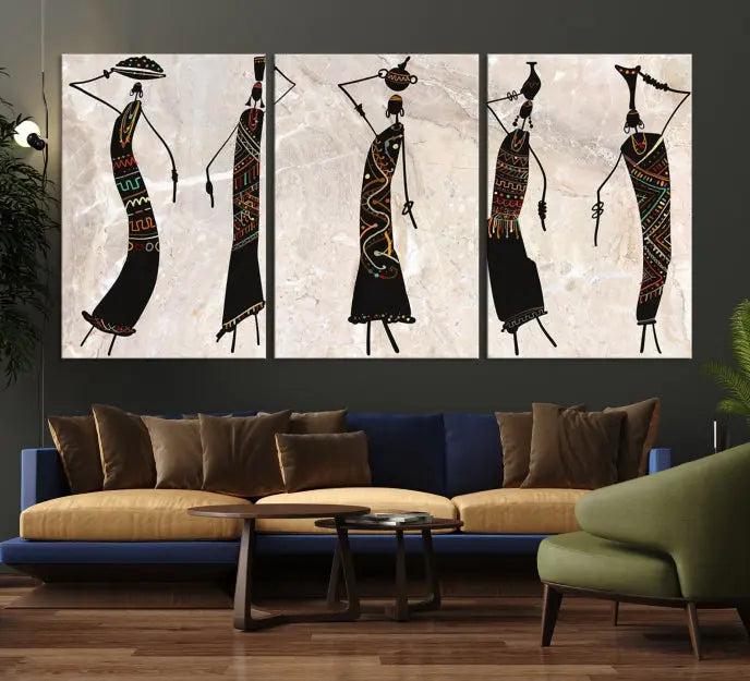 The "African Womens Wall Art Canvas Print," known for its intricate abstract figures, elegantly provides a museum-quality aesthetic.