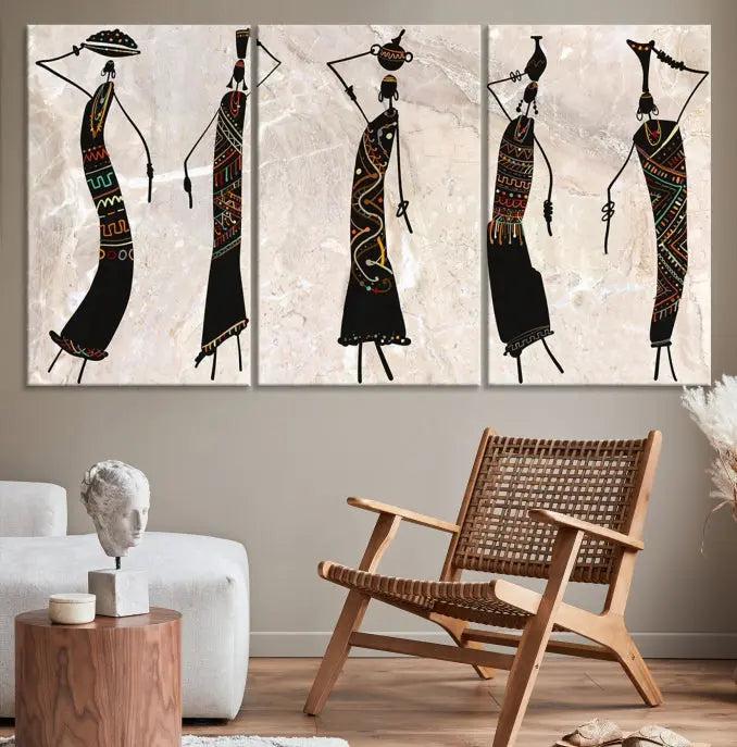 The "African Womens Wall Art Canvas Print," known for its intricate abstract figures, elegantly provides a museum-quality aesthetic.