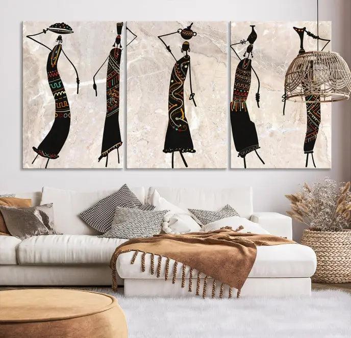 The "African Womens Wall Art Canvas Print," known for its intricate abstract figures, elegantly provides a museum-quality aesthetic.