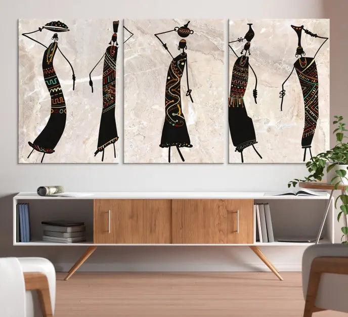 The "African Womens Wall Art Canvas Print," known for its intricate abstract figures, elegantly provides a museum-quality aesthetic.