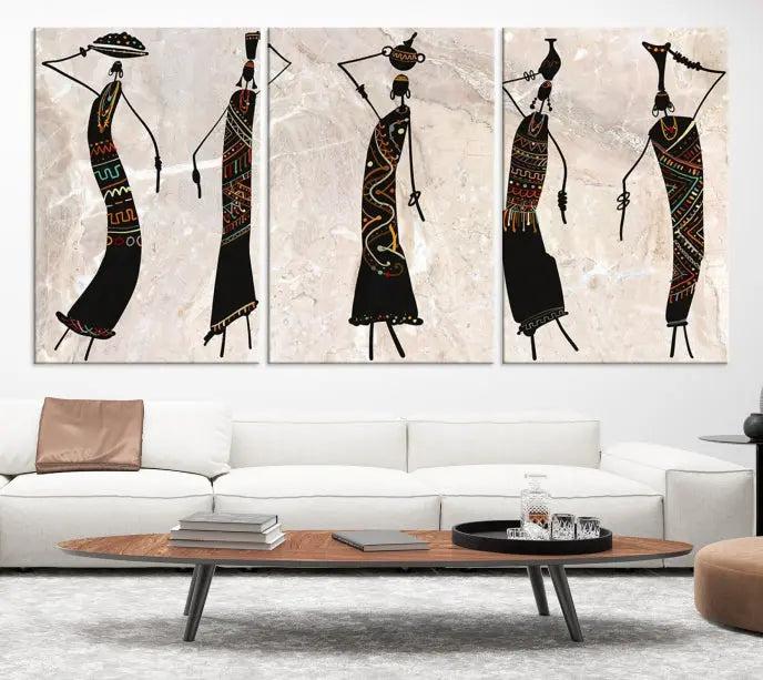 The "African Womens Wall Art Canvas Print," known for its intricate abstract figures, elegantly provides a museum-quality aesthetic.