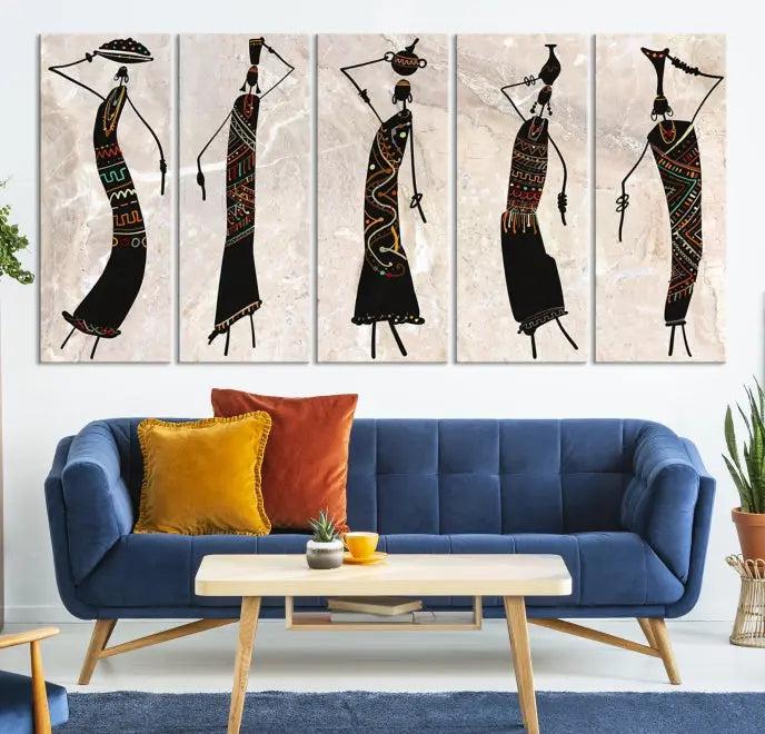 The "African Womens Wall Art Canvas Print," known for its intricate abstract figures, elegantly provides a museum-quality aesthetic.