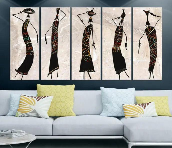 The "African Womens Wall Art Canvas Print," known for its intricate abstract figures, elegantly provides a museum-quality aesthetic.