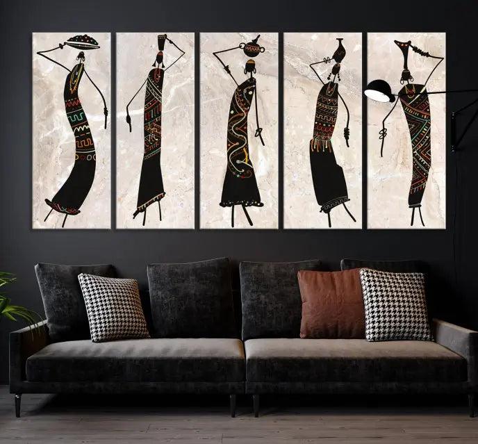 The "African Womens Wall Art Canvas Print," known for its intricate abstract figures, elegantly provides a museum-quality aesthetic.