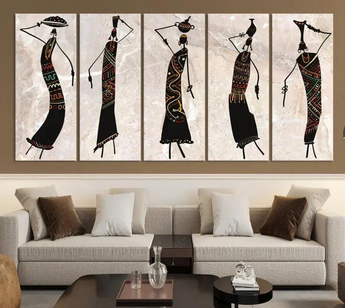 The "African Womens Wall Art Canvas Print," known for its intricate abstract figures, elegantly provides a museum-quality aesthetic.