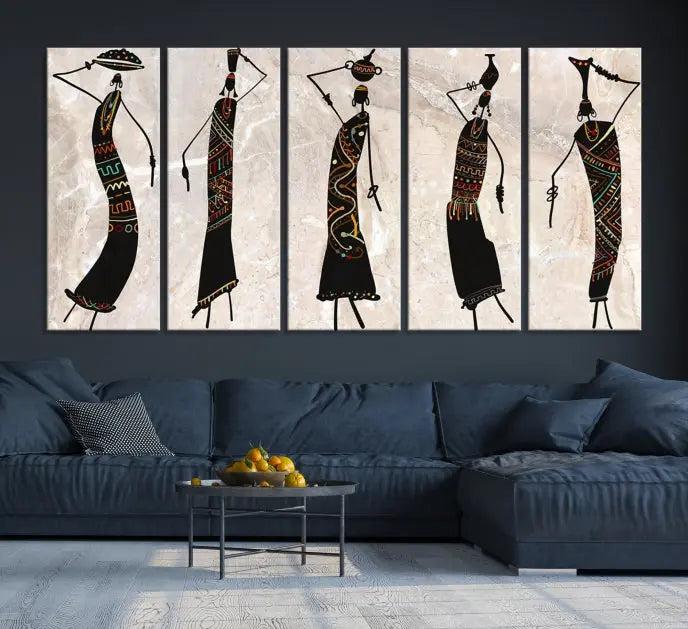 The "African Womens Wall Art Canvas Print," known for its intricate abstract figures, elegantly provides a museum-quality aesthetic.