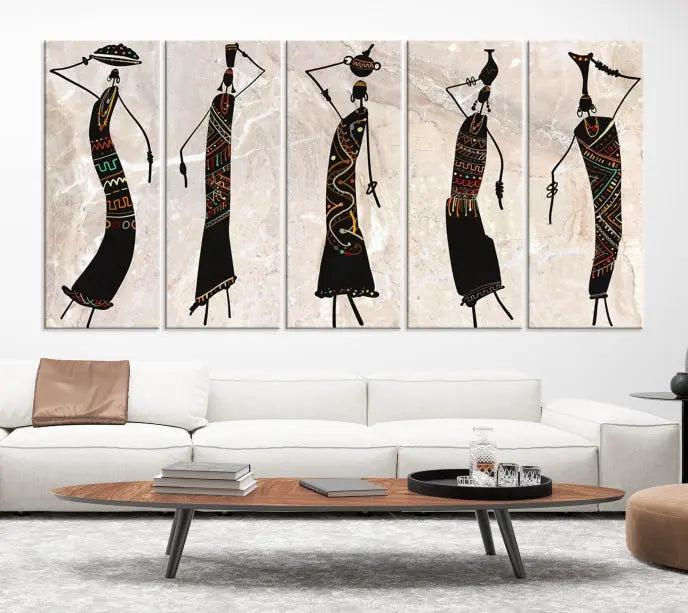 The "African Womens Wall Art Canvas Print," known for its intricate abstract figures, elegantly provides a museum-quality aesthetic.