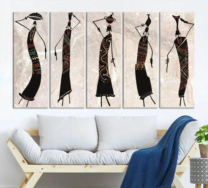 The "African Womens Wall Art Canvas Print," known for its intricate abstract figures, elegantly provides a museum-quality aesthetic.