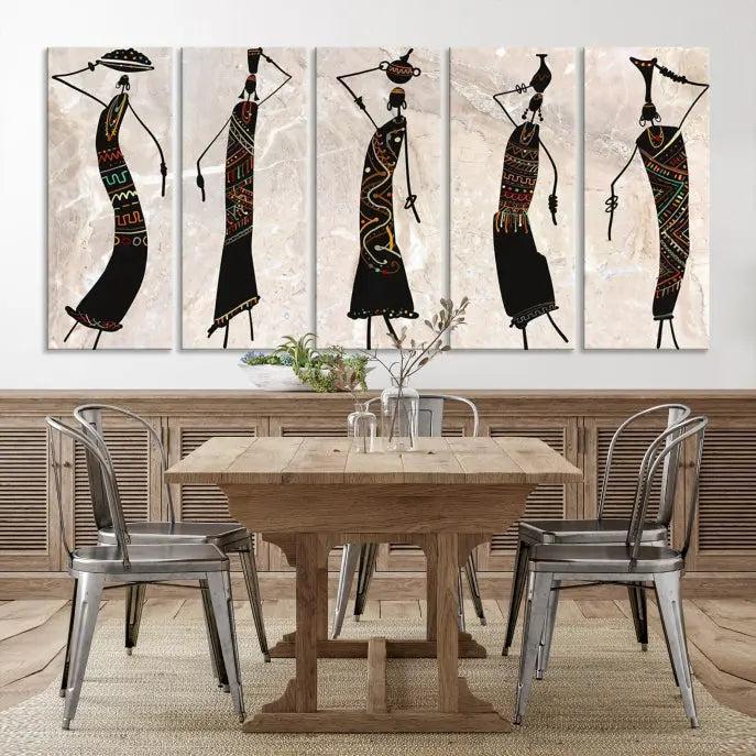 The "African Womens Wall Art Canvas Print," known for its intricate abstract figures, elegantly provides a museum-quality aesthetic.