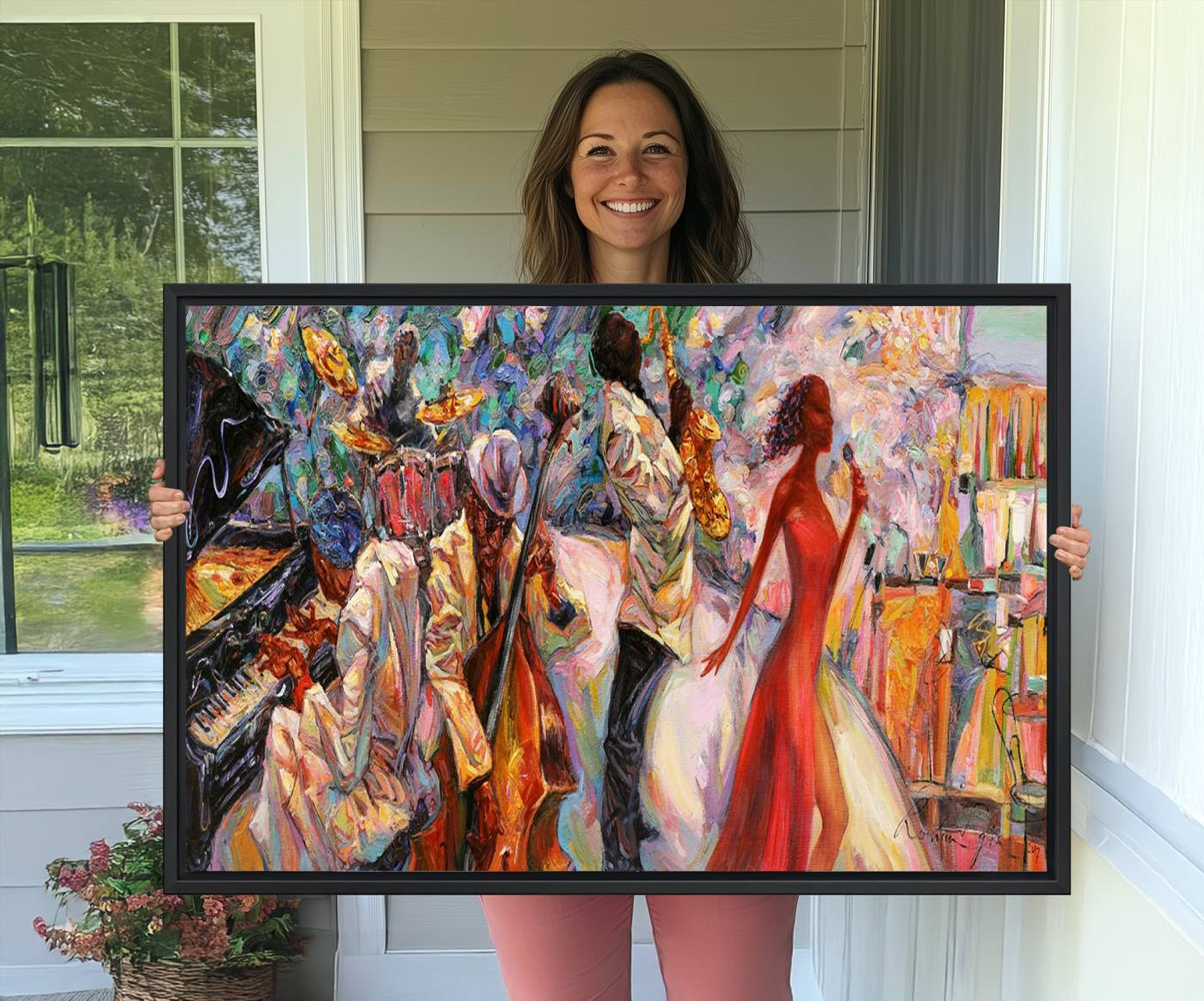 40574-MGV-CV-36X24-Afro American Jazz Band Canvas Wall Art | 3 Panel Music Printing for Living Room