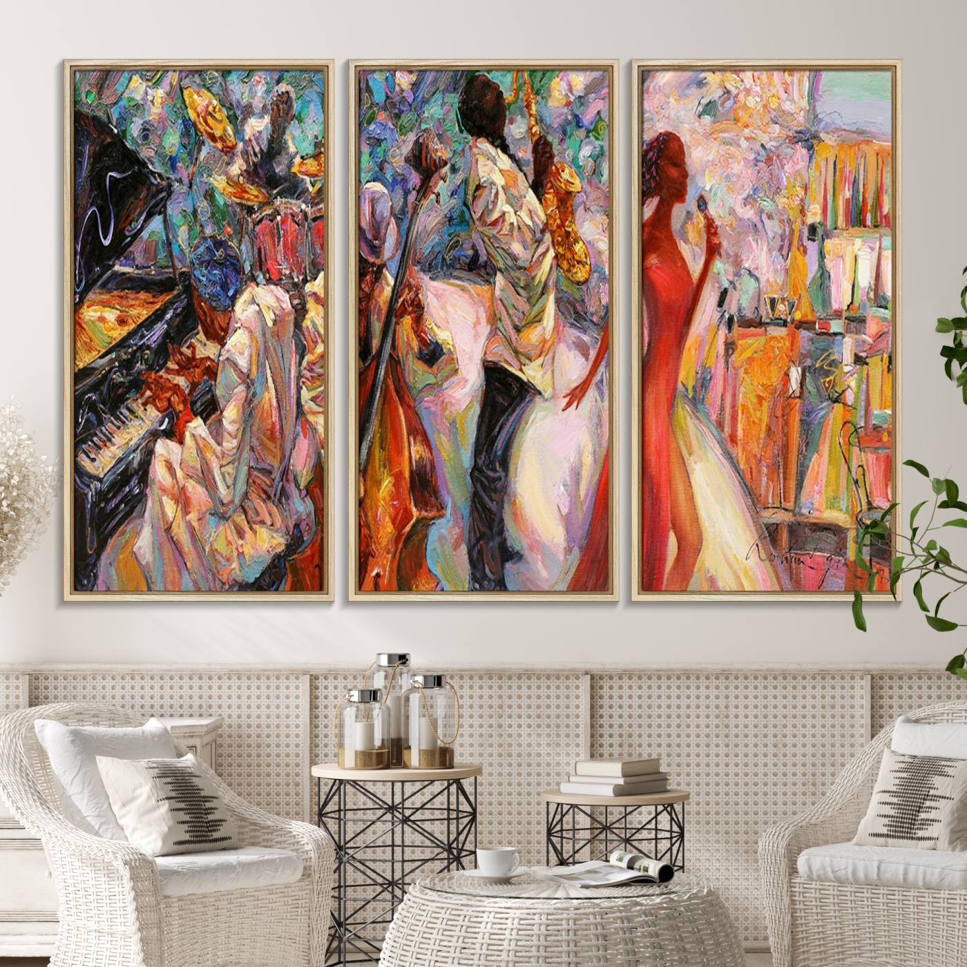 40574-MGV-CV-36X24-Afro American Jazz Band Canvas Wall Art | 3 Panel Music Printing for Living Room