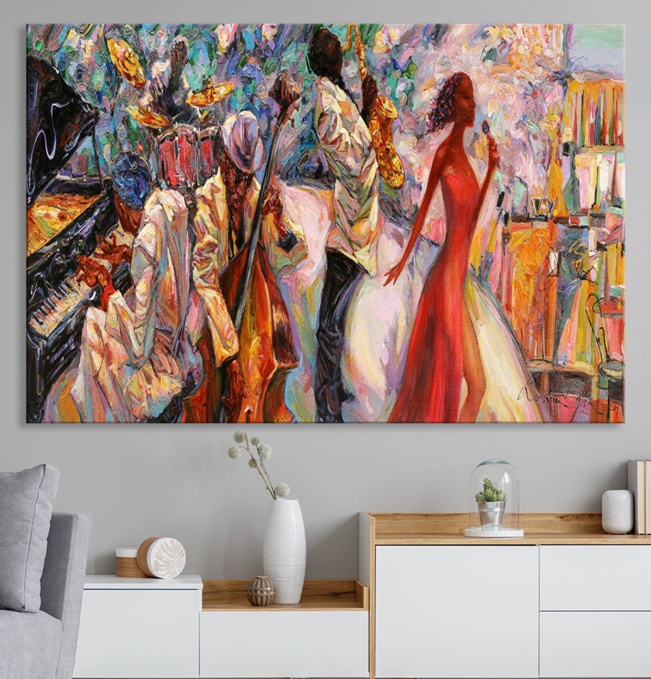 40574-MGV-CV-36X24-Afro American Jazz Band Canvas Wall Art | 3 Panel Music Printing for Living Room