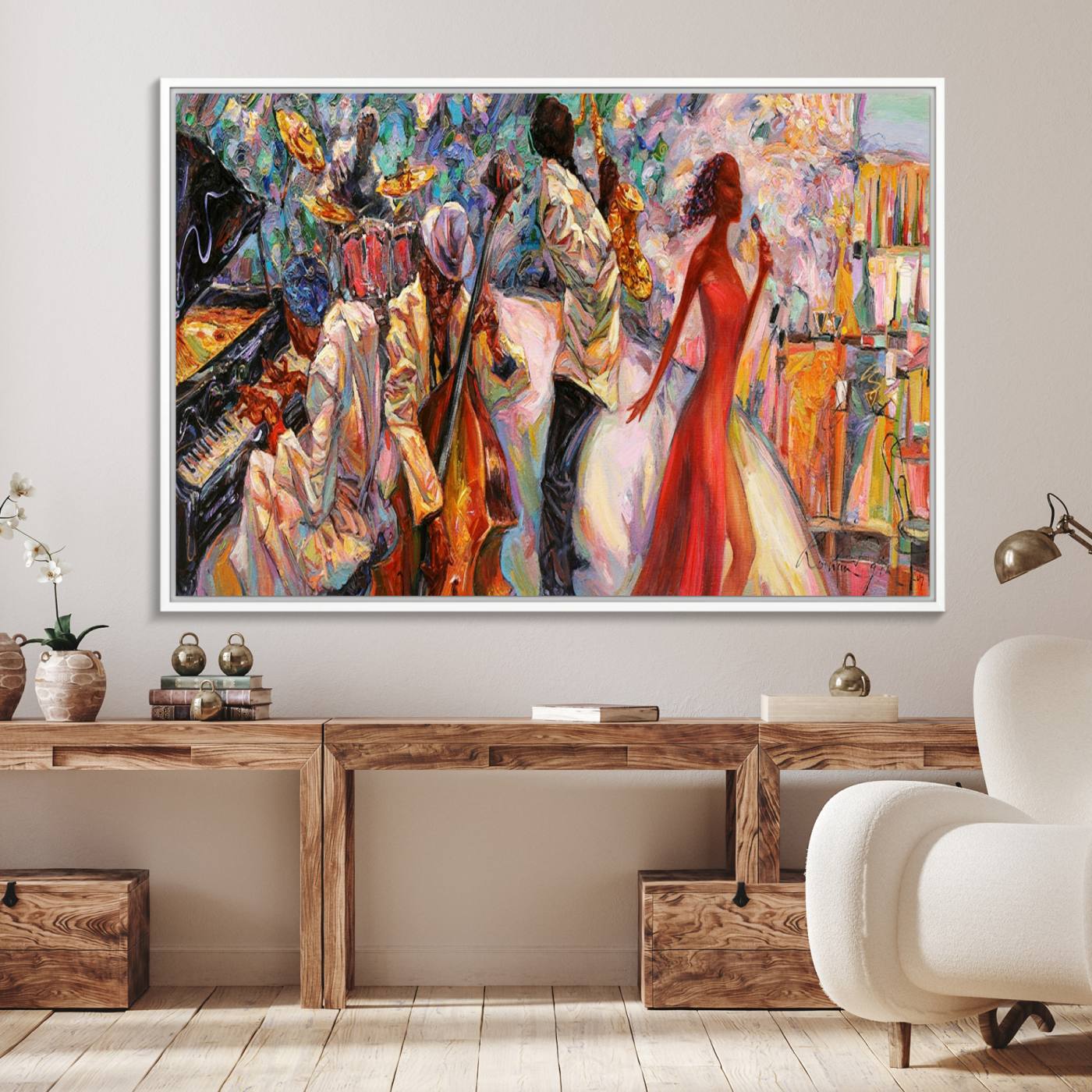 40574-MGV-FC-36X24_White-Afro American Jazz Band Canvas Wall Art | 3 Panel Music Printing for Living Room