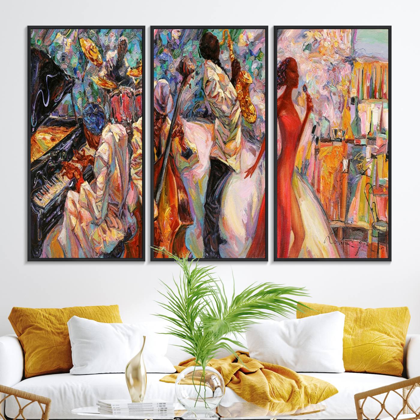 40574-MGV-FC-48X32-3P_Black-Afro American Jazz Band Canvas Wall Art | 3 Panel Music Printing for Living Room