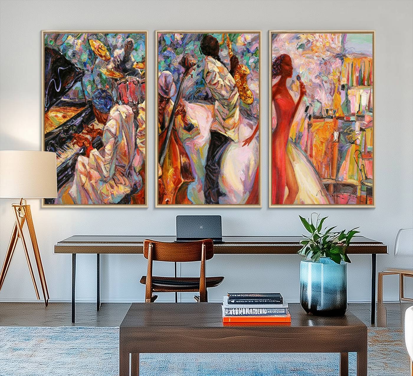 40574-MGV-FC-48X32-3P_Natural-Afro American Jazz Band Canvas Wall Art | 3 Panel Music Printing for Living Room
