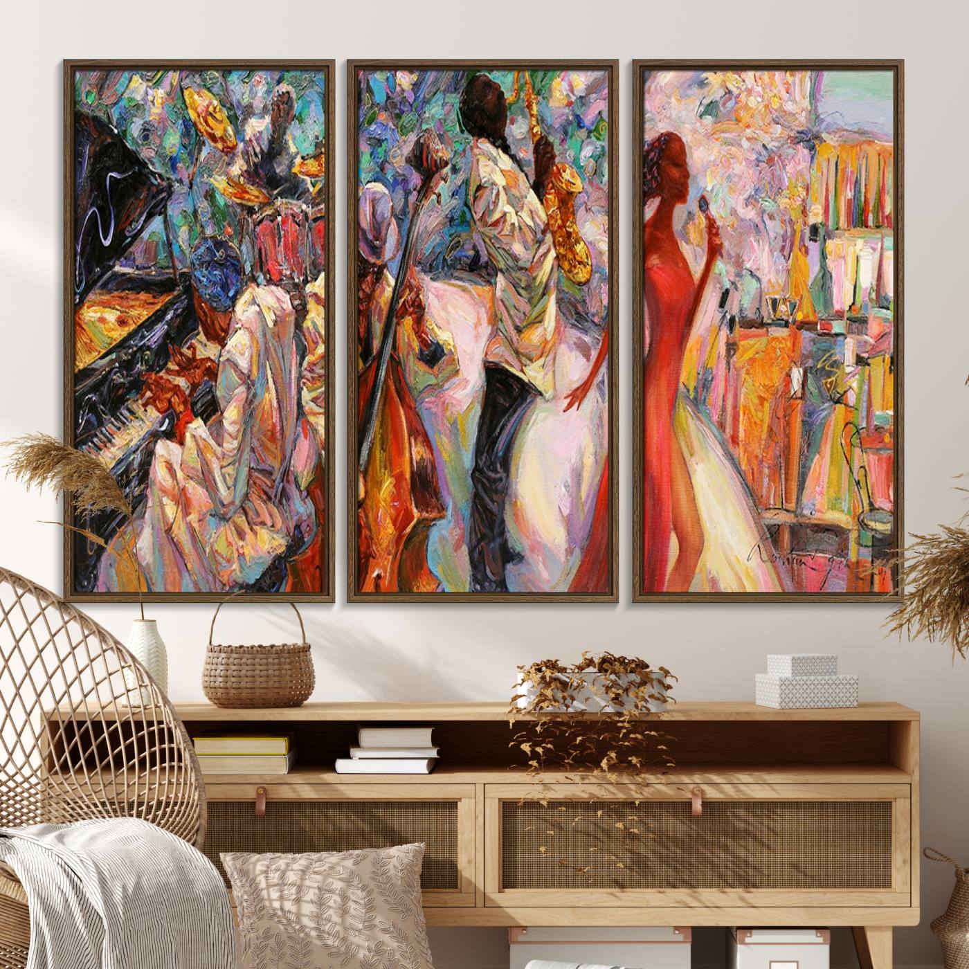 40574-MGV-FC-48X32-3P_Walnut-Afro American Jazz Band Canvas Wall Art | 3 Panel Music Printing for Living Room